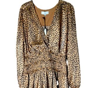 Women Leopard Print Dress Long Sleeve Split Casual Waist Short Dress